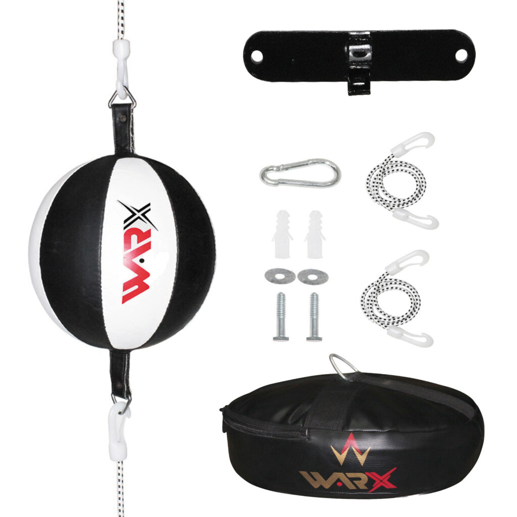 WARX LEATHER DOUBLE END DODGE SPEED BALL WHITE MMA BOXING FLOOR TO CEILING PUNCH BAG WITH CEILING HOOK SET