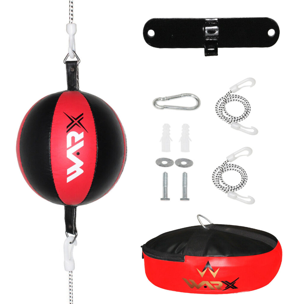 WARX LEATHER DOUBLE END DODGE SPEED BALL RED MMA BOXING FLOOR TO CEILING PUNCH BAG WITH CEILING HOOK SET