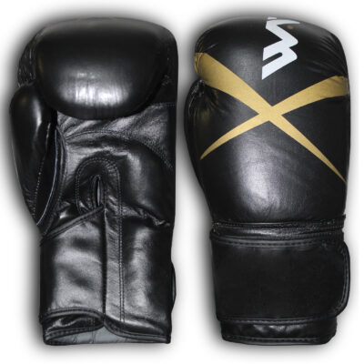 WARX GENUINE COWHIDE LEATHER BLACK AND GOLD BOXING GLOVES AND FOCUS PADS SET