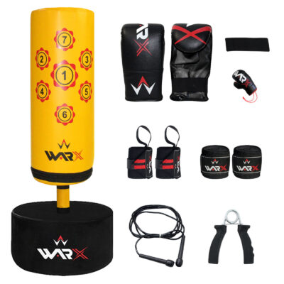 WARX KIDS/JUNIOR YELLOW BOXING FREE STANDING SAND BASE PUNCH BAG AND GLOVES CHILDREN KIT