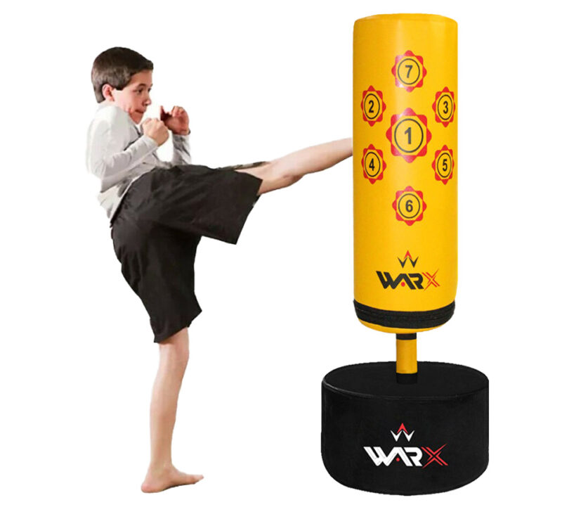 WARX KIDS/JUNIOR YELLOW BOXING FREE STANDING SAND BASE PUNCH BAG AND GLOVES CHILDREN KIT